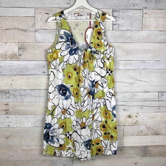 Vera Yellow Green Floral Sleeveless Dress Large - Picture 1 of 6